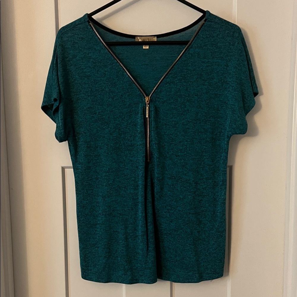 Lavish Teal V-Neck Blouse with Zipper